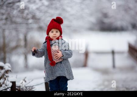 Schöne Kleinkind Kind, niedlichen Jungen, spielen in verschneiten Park Winterzeit, bewölkten Tag Stockfoto