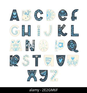 Handgezeichnetes lateinisches Alphabet im skandinavischen Stil. Volkskunst Schriftart mit Blumen und Blätter Ornament. Für Typografie Poster, Karte, Label, Banner Design. Stock Vektor