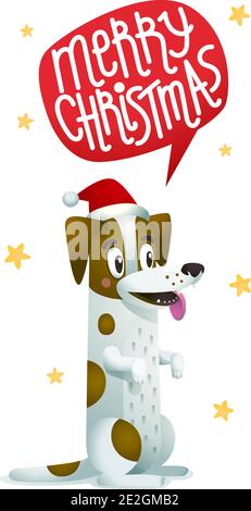 Netter Hund in Weihnachtsmann roten Hut mit Sprechblase sagen Frohe Weihnachten. Stilvoller Jack Russell Terrier Hund auf dem Hintergrund von Schneeflocken. Stock Vektor