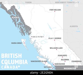 Karte von British Columbia, Kanada. Einfache touristische BC Reisekarte mit Zielstädten, Autobahnen, Seen und umliegenden kanadischen Provinzen. Stock Vektor