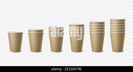 Vector 3d realistische Brown Paper Glossy Einweg-Cup-Set, Stapel von Cup für Getränke, Getränke isoliert. Kaffee, Soda, Tee, Cocktail, Milchshake. Design Stock Vektor