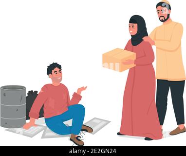 Arabisches Paar Hilfe obdachlosen Mann flache Farbe Vektor gesichtslosen Charakter Stock Vektor