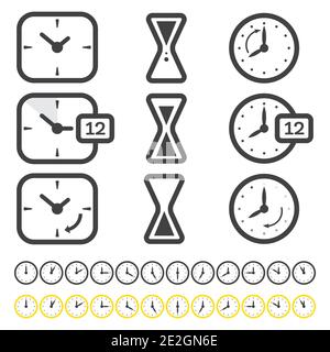 Einstellung des Symbols für Uhrzeit und Uhrzeit auf Weiß isoliert. Vektorgrafik. Umreißen Von Objekten. Stock Vektor