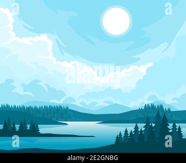 Naturlandschaft mit Tannen und Hügelgipfeln Silhouetten auf Horizont Stock Vektor