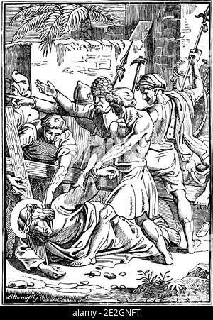 9. Oder 9. Station des Kreuzes oder Kreuzweg oder Via Crucis. Jesus fällt zum dritten Mal.Bibel, Neues Testament. Antike Vintage biblische religiöse Gravur oder Zeichnung. Stock Vektor