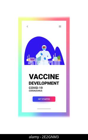 Wissenschaftler Researcher arbeitet mit Reagenzglas in Labor Coronavirus-Impfstoff Entwicklung Kampf gegen covid-19 Konzept Portrait vertikale Kopie Raum Vektor Abbildung Stock Vektor