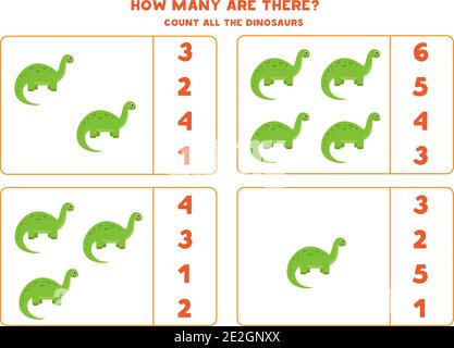 Zählspiel mit niedlichen Cartoon Dinosaurier brontosaurus. Mathematisches Arbeitsblatt. Stock Vektor