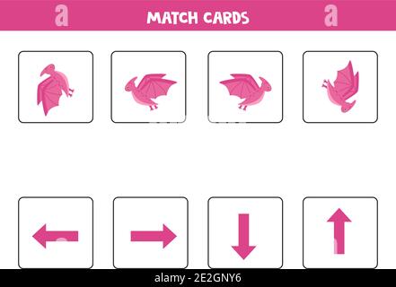 Räumliche Orientierung mit niedlichen Dinosaurier. Links, rechts, oben oder unten. Lernspiel. Stock Vektor