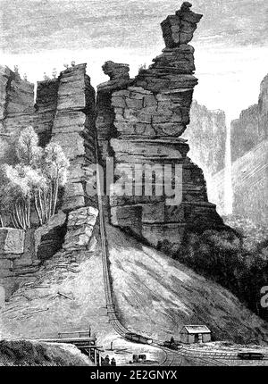 Scenic Railway at the Coal Face, Coal Mine, in Katoomba, New South Wales, Australien, in 1889 / Scenic Railway am Kohlebergbau, Kohlemine, in Katoomba, New South Wales, Australien, im Jahre 1889, Historisch, historisch, Digitale verbesserte Reproduktion eines Originals aus dem 19. Jahrhundert / digitale Reproduktion einer Originalvorlage aus dem 19. Jahrhundert Stockfoto