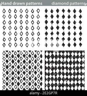 Vier verschiedene nahtlose Muster mit handgezeichneten Diamanten. Stock Vektor