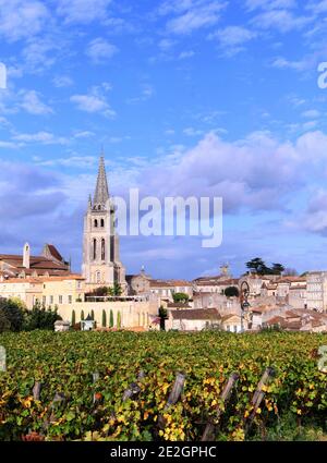 Das Dorf Saint-Emilion in der Gegend von Bordeaux (Südwestfrankreich) mit Reben im Vordergrund. Die Juridiction de Saint-Emilion Weinproduktion Stockfoto