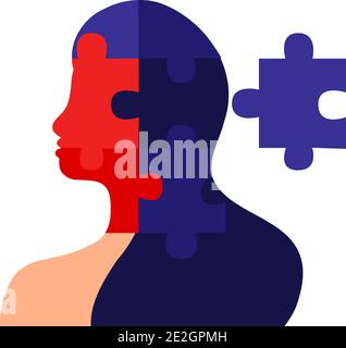 Konzept der psychischen Gesundheit. Weibliche Silhouette mit Puzzleteilen isoliert auf weißem Hintergrund Stock Vektor