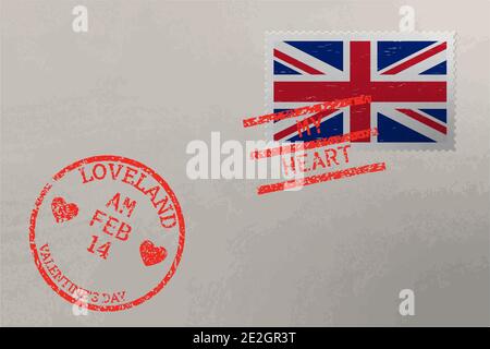 Briefmarkenumschlag mit United Kingdom Flagge und Valentinstag Briefmarken, Vektor Stock Vektor