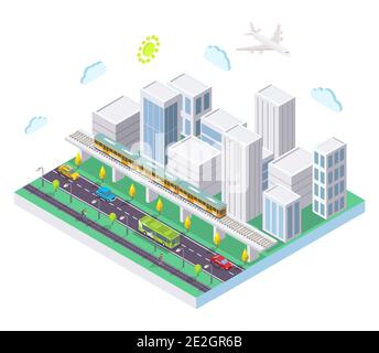 Isometrische Stadt mit öffentlichen Verkehrsmitteln, flache Vektorgrafik. Taxi Auto, Bus, S-Bahn. Stock Vektor