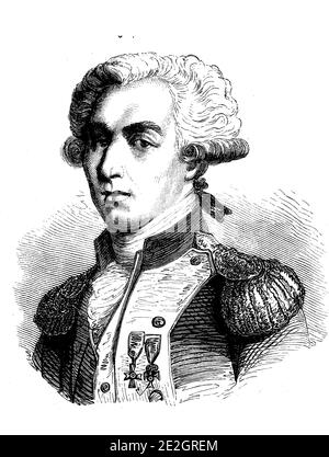 Marie-Joseph-Paul-Yves-Roch-Gilbert du Motier, Marquis de La Fayette oder Lafayette, 6. September 1757 - 20. Mai 1834, ein französischer Général de Division und Politiker / Marie-Joseph-Paul-Yves-Roch-Gilbert du Motier, Marquis de La Fayette oder Lafayette, 6. 1757. - 20. September. Mai 1834, ein französischer Général de Division und Politiker, Historisch, historisch, digital verbesserte Reproduktion eines Originals aus dem 19. Jahrhundert / digitale Reproduktion einer Originalvorlage aus dem 19ten Jahrhundert. Jahrhundert Stockfoto