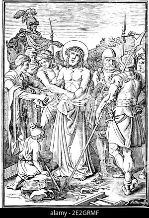 10. Oder 10. Station des Kreuzes oder Kreuzweg oder Via Crucis. Jesus wird seiner clothes.Bible, New Testament.Antique Vintage biblischen religiösen Gravur oder Zeichnung beraubt. Stock Vektor