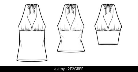 Set von Tops Empire Naht und Tieback Halter Tank technische Mode Illustration mit eng anliegenden, übergroßen Form, Crop, Tunika Länge. Flache Schablone vorne, weiße Farbe. Frauen Unisex CAD Mockup Stock Vektor