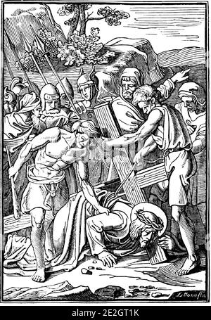 3. Oder 3. Station des Kreuzes oder Kreuzweg oder Via Crucis. Jesus fällt zum ersten Mal.Bibel, Neues Testament. Antike Vintage biblische religiöse Gravur oder Zeichnung. Stock Vektor