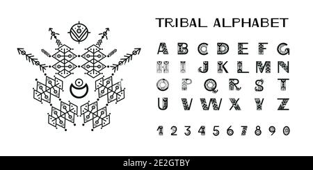 Alphabet im Tribal-Stil. Ethnische Zierschrift. Vektorgrafik. Stock Vektor