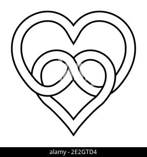 Knoten zwei Herzen Symbol der ewigen Liebe, Vektor-Zeichen der unendlichen Liebe Knoten der verflochtenen Herzen Stock Vektor