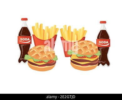 Hamburger Kartoffelchips und Soda in Flaschen leckere Junk Food Fastfood flache Vektor-Illustration auf weißem Hintergrund. Stock Vektor