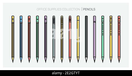 Sammlung von Büromaterial. Bleistiftset. Schreibwerkzeuge. Umrissstil. Bleistift dünne Linie Vektor-Symbole mit verschiedenen klassischen Designs. Zurück zur Schule. Stock Vektor