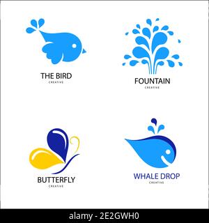 Abstrakt helle Ikone aus Wassertropfen.. Design moderne Logos Vogel, Wal, Schmetterling, Brunnen für Unternehmen. Vektorlogotyp isoliert auf weißem Hintergrund Stock Vektor