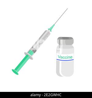 Spritze zur Injektion, Fläschchen-Impfstoff. Impfung gegen Coronavirus, Influenza. Stock Vektor
