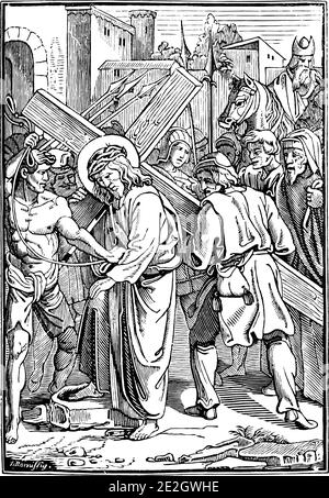 5. Oder 5. Station des Kreuzes oder Kreuzweg oder Via Crucis. Simon von Kyrene hilft Jesus das Kreuz zu tragen.Bibel, Neues Testament. Antike Vintage biblische religiöse Gravur oder Zeichnung. Stock Vektor