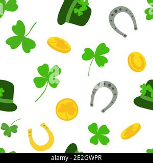 Shamrock Blätter, Münze, Irland Karte, Hut, Pferdeschuh, Kessel Vektor Illustration Set, ein Symbol für eine nationale Identität von Irland und seine Frühlingsferien, St. Patricks Tag, niedlichen Cartoon-Stil Stock Vektor