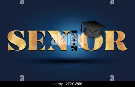 Senior 2021 Herzlichen Glückwunsch Absolvent - Typografie. Gold-Aufkleber und isolierter dunkelblauer Hintergrund. Gut für T-Shirt, High School oder College-Absolventen. Stock Vektor