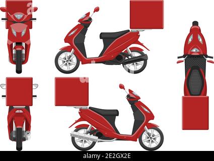 Rote Lieferung Motorrad Vektor-Vorlage mit einfachen Farben ohne Verläufe und Effekte. Ansicht von der Seite, vorne, hinten und oben Stock Vektor
