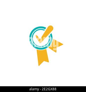 Gültiges Siegel-Symbol. Blauer Kreis mit Band und Goldtick. Sticker-Symbol für „flach OK“. Isoliert auf Weiß. Schaltfläche Akzeptieren. Vektorgrafik. Qualität Version Stock Vektor