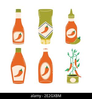 Hot Chili Pepper Saucen Icon Set Design von würzigen Gemüse Und Essen Thema Vektor Illustration Stock Vektor