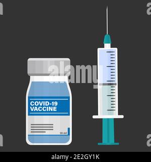 Fläschchen mit Coronavirus-Impfstoff und Spritze mit Impfstoff-Schussvektor Abbildung Stock Vektor