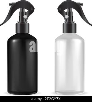 Sprühflasche mit Abzug. Verpackungsmockup für Kunststoffreiniger. Pistolensprüher für desinfektantes Reinigungsmittel. Realistische schwarze und weiße Glasröhre Mo Stock Vektor