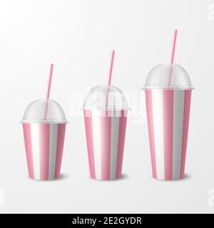 Vector 3d realistische Weiß, Rosa gestreiftes Papier Einweg-Cup-Set, Deckel, Stroh. Getränke, Getränke, Kaffee, Soda, Tee, Cocktail, Milchshake. Design Stock Vektor