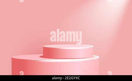 Minimale Szene mit Zylinder Podium auf rosa Hintergrund mit Licht und Schatten. Horizontales Plakat, Flyer, Grußkarte, Header für Social Media Banner, Promotion, Bühne, Kosmetik-Produkt-Show. Stock Vektor
