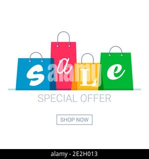 Einkaufstaschen mit Verkaufsaufschrift. Logo für Online-Shopping. Schaltfläche „Jetzt kaufen“. Vektorgrafik. Stock Vektor