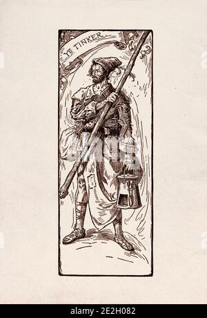 Antike Gravierung von literarischen Figuren aus der englischen Folklore aus den Robin Hood Legenden. Der Tinker. Von Louis Rhead. 1912 Stockfoto