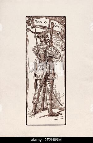 Antike Gravierung von literarischen Figuren aus der englischen Folklore aus den Robin Hood Legenden. Eric o' Lincoln. Von Louis Rhead. 1912 Stockfoto