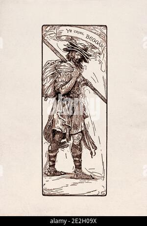 Antike Gravierung von literarischen Figuren aus der englischen Folklore aus den Robin Hood Legenden. Der grausame Bettler. Von Louis Rhead. 1912 Stockfoto