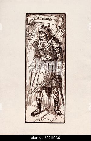 Antike Gravur von literarischen Charakteren aus den englischen Balladen über Robin Hood. Guy of Gisbourne. Von Louis Rhead. 1912 Stockfoto