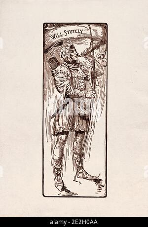 Antike Gravierung von literarischen Figuren aus der englischen Folklore aus den Robin Hood Legenden. Will Suut. Von Louis Rhead. 1912 Stockfoto