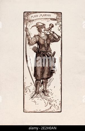 Antike Gravierung von literarischen Figuren aus der englischen Folklore aus den Robin Hood Legenden. Zimmermädchen Marian. Von Louis Rhead. 1912 Stockfoto