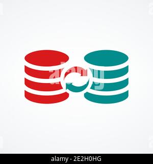 Symbol für Serverdatenbanken mit Pfeil für Synchronisierungsdaten, Symbol für Datensynchronisierung. Vektorgrafik für Rohware isoliert Stock Vektor