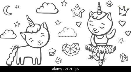 Set von niedlichen und tanzenden Katzen Einhorn mit Horn mit Elementen, Sternen, Wolken, Herzen, Diamanten. Handgezeichnete Vektor-Illustration für T-Shirt-Druck und Stock Vektor