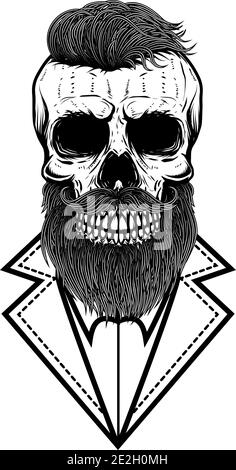 Illustration von bärtigen Hipster Schädel im Vintage monochromen Stil. Gestaltungselement für Logo, Emblem, Schild, Plakat, Karte, Banner. Vektorgrafik Stock Vektor