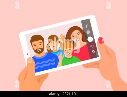 Modernes Familien-Selfie-Konzept. Flache Vektorgrafik. Junge Familie posiert für Selfie und hält mobiles Tablet in den Händen. Mama, Papa und Kinder nehmen phot Stock Vektor