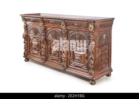 Vintage Holz Sideboard mit schöner und reicher Schnitzerei Dekoration. Frankreich Stockfoto